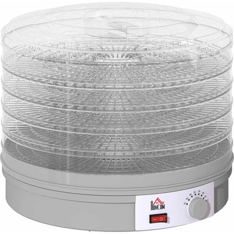 Deshidratador de alimentos con 5 bandejas apilables y temperatura ajustable.