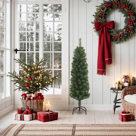 Sapin de Noël  Arbre de Noël artificiel mince avec support vert 150 cm PVC (1/5)