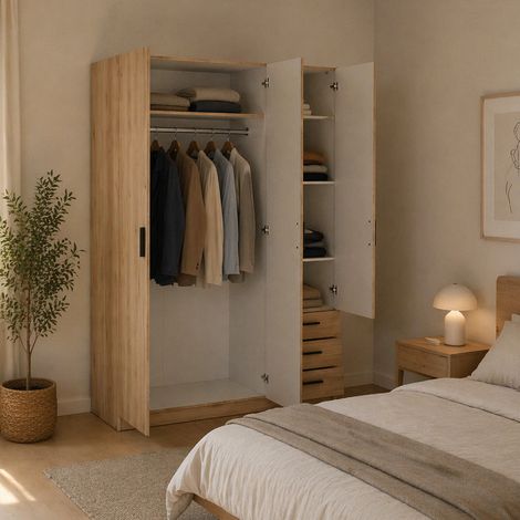Dmora - Armario 3 puertas Thea, Muebles de dormitorio, Vestidor, Armario de ropa, 147x50 h200 cm, Roble (1/5)