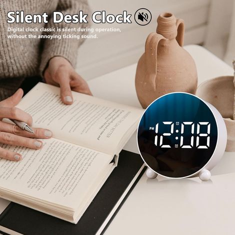 Digitaler Wecker, runder Wecker mit LED-Anzeige, kleiner digitaler Wecker mit Doppelklingel, 3 einstellbare Helligkeitsstufen, geräuschloser Tischwecker, Wecker für Schlafzimmer/Büro/Nachttisch (weiß)
