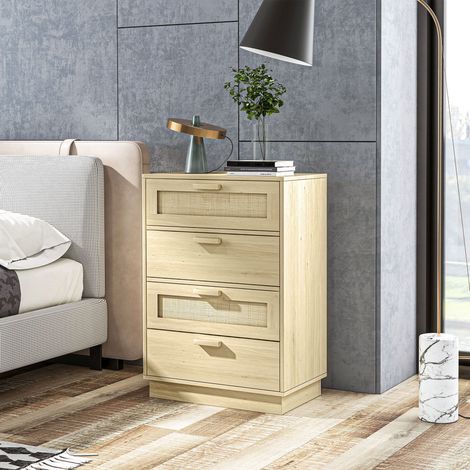 Cassettiera con 4 cassetti in rete di rattan, cassettiera in legno per camera da letto, stile bohémien con lavorazione a canna, 60x38x88,5 cm, naturale.