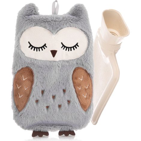 Bouillotte avec housse hibou, chauffe-corps en peluche grise 600 ml (1/5)
