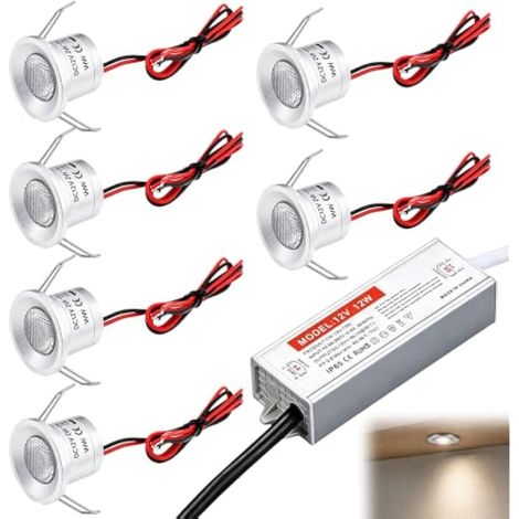 6PCS Mini Spot LED Encastrable 12V 2W, IP65 Mini Spot LED Extra Plat, Blanc Chaud 3000K Spots Plafond avec Transfo, Pointeur Éclairage Encastré Trou 27mm pour Cuisine Escalier Vitrine Plafond(Argenté) (1/5)