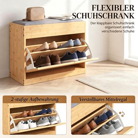 Banc de rangement en bambou avec coussin, assise pour entrée, meuble à chaussures à étagère ajustable, porte en rotin, idéal couloir. (1/5)