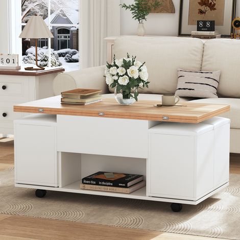 Table basse rectangle relevable 3 en 1 100x50 à 100x100cm,4 tabourets,table avec rangements sur roulettes,aggloméré,blanc et effet bois (1/5)