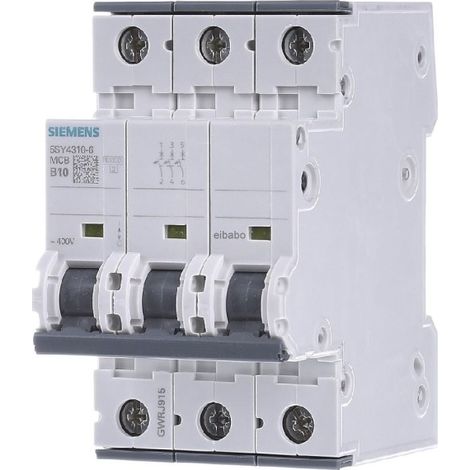 Siemens Interruptor automático 400V 10kA, 3 polos, B, 10A, T=70mm, 5SY43106