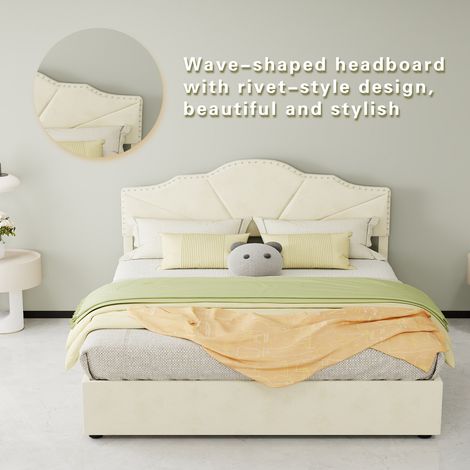 Lit moderne minimaliste moelleux 160x200 cm beige avec tête de lit rembourrée, coffre hydraulique haut et rangement – cadre de lit multifonctionnel