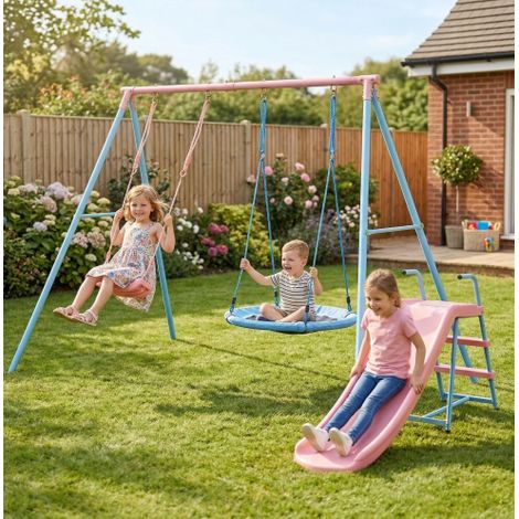 Columpio infantil con tobogán, 2 asientos, acero, azul y rosa OKMYHOME (1/5)