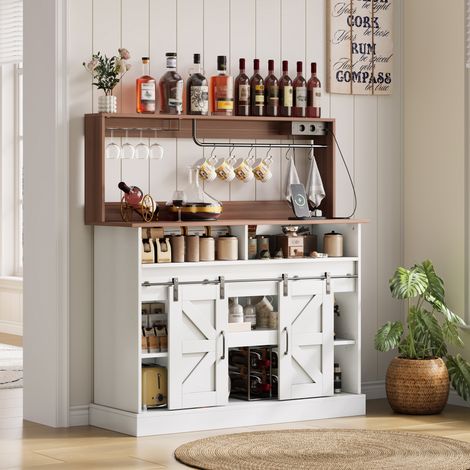 Buffet 120x40x130cm Rangement multifonction panneaux MDF portes coulissantes style champêtre blanc et Couleur naturelle (1/5)