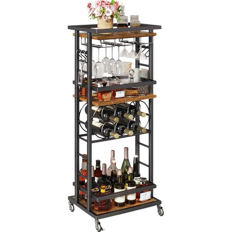 Casier à Vin à 4 Niveaux,Desserte avec roulettes,Marron TMJ912H (1/5)