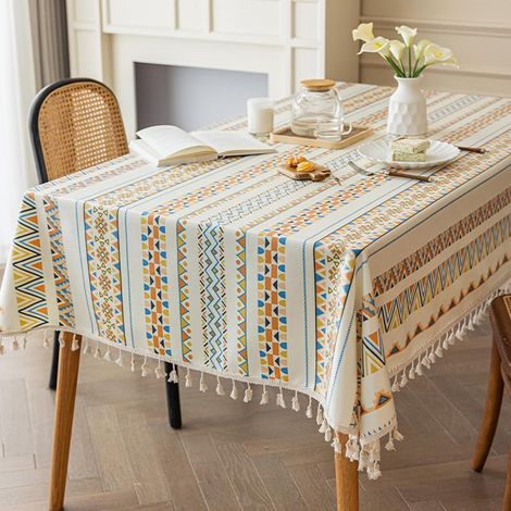 Nappe carrée 120 x 120 cm en coton et lin avec pompons, bleu, orange, jaune, style bohème, facile à nettoyer, déperlante. (1/3)