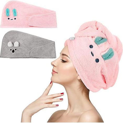 Mikrofaser-Haartücher (Rosa, Grau), saugfähiger Haartuchbeutel, niedliches Koala-Hasen-Motiv, schnelltrocknend (1/5)