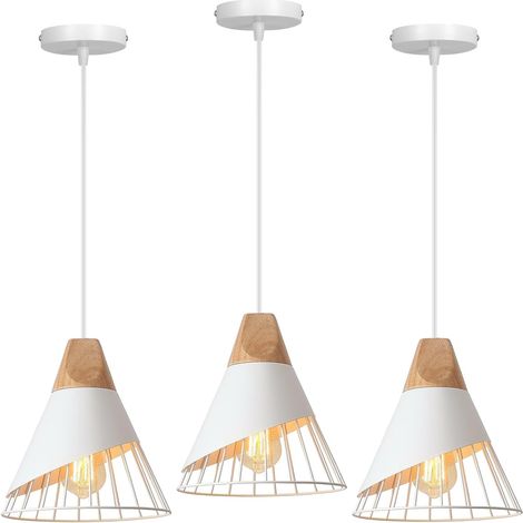 Suspension Luminaire Moderne Industrielle Bois Lustre Abat-jour Métal Vintage forme Cage Ø25cm Plafonnier E27 Design pour Cuisine Chambre Salon (Blanc-3pcs) [Classe énergétique A]