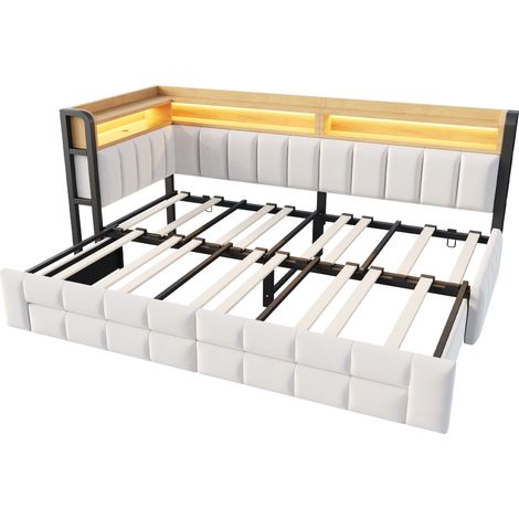 Divano letto imbottito 90x200/180x200 in velluto beige con contenitore, LED e USB-C MODENUIT (1/5)