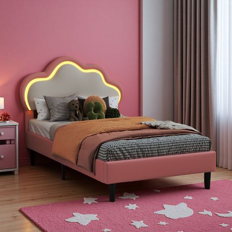 Letto imbottito, letto singolo 90 x 200 cm, struttura letto a LED con testiera a forma di nuvola, in similpelle, rosa, senza materasso (1/5)