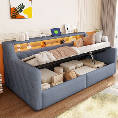 Letto singolo 90x200 cm grigio in lino e MDF con LED, contenitore idraulico e prese USB (1/5)