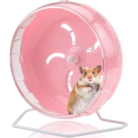Rueda de ejercicio silenciosa rosa de 21,5 cm para hámsteres (con soporte ajustable en altura) rueda de ejercicio silenciosa apta para hámsteres y chinchillas accesorios para jaulas (1/5)