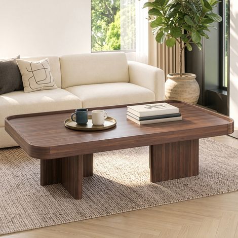 Modernluxe - Table basse rétro à angles arrondis - 100x50x35,5 cm - avec coussin en feutre - MDF - Couleur noyer