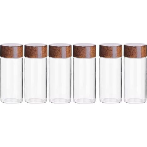 Lot de 6 mini bouteilles de thé, 10/20/30 ml avec couvercle en bois, mini bouteilles en verre transparent scellées pour épices (L) (1/5)