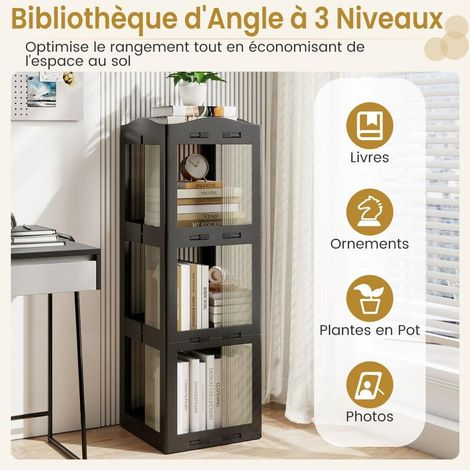 Gain de place bibliothèque rotative 360° 3 niveaux, étagère d’angle pliante pour livres et objets déco (1/5)