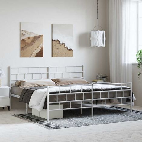 Cadre de lit métal sans matelas et pied de lit blanc 193x203 cm (1/5)