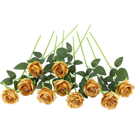 Lot de 10 Roses artificielles en Soie à Tige Unique pour Bouquet de Mariage (doré) (1/5)