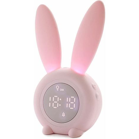 Réveil Matin à Induction en Forme de Lapin Mignon, Intelligent Réglage Automatique de la Lumière de Respiration, Affichage Automatique Temps/Date/Température, Contrôle Vocal ou Tremblement [Classe éne (1/5)