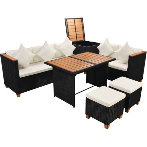 Set muebles de jardín 7 piezas y cojines ratán sintético negro vidaXL (1/5)