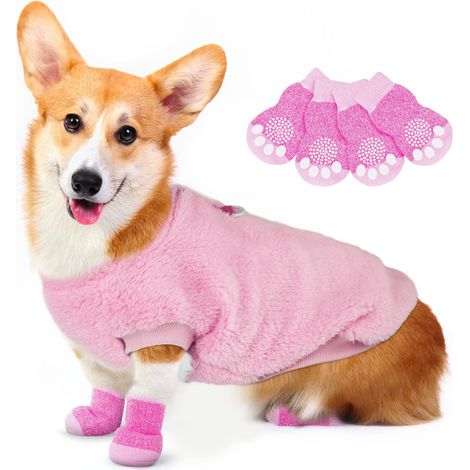 Tunique en Polaire Corail Rose pour Chien et Chat Sweat-shirt Chaud d'Hiver avec Chaussettes Antidérapantes Vêtement Moelleux Confortable pour Animaux de Compagnie (1/5)