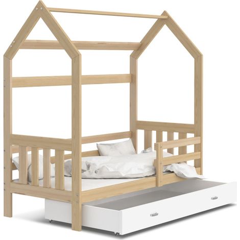 Lit Cabane 2  80x160 tiroir Pin - blanc