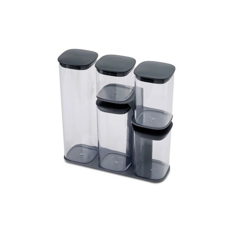 Podium Joseph Joseph, set de 5 botes de almacenamiento con soporte, herméticos, fáciles de verter, ideal para alimentos secos, color gris, 500 ml a 1.9 L (1/4)