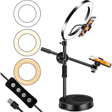 Anillo de luz LED de 10" con 2 soportes para teléfono, trípode de pie y lámpara de escritorio con brazo ajustable, color negro (Alogy).