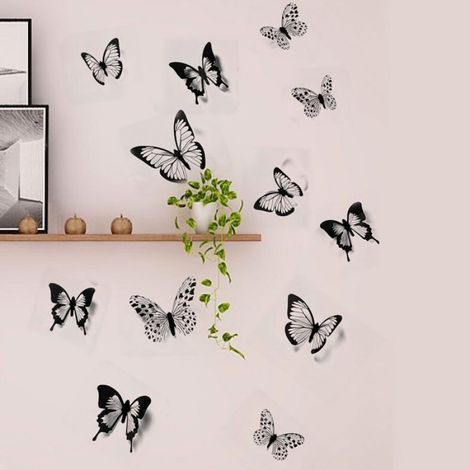 48 Autocollants muraux,Papillons 3D noir et blanc,PVC amovible,Décoration chambre (1/5)