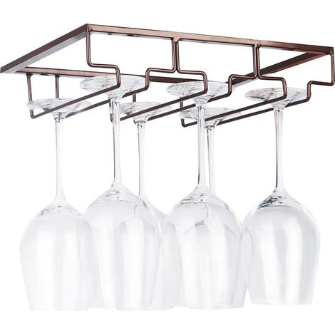 Support de Verre à Vin - Porte-Verres à Pied Suspendu sous Armoire en Métal avec Vis, Support de Rangement pour Verre en Fer Inoxydable avec 3 Rangées pour Cuisine, Bar, Restaurant Brun (1/5)