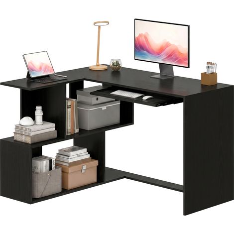 Bureau angle 120x100x76 cm L plateau clavier 4 compartiments ouverts, noir (1/5)