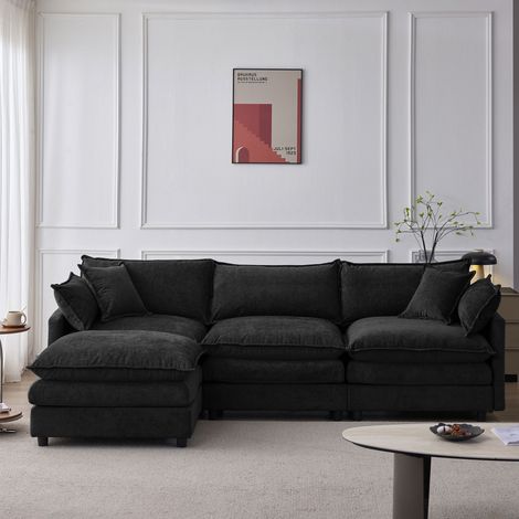 Sofá de esquina modular 3 plazas en chenilla con puff, cojines, estructura de madera, negro (1/5)
