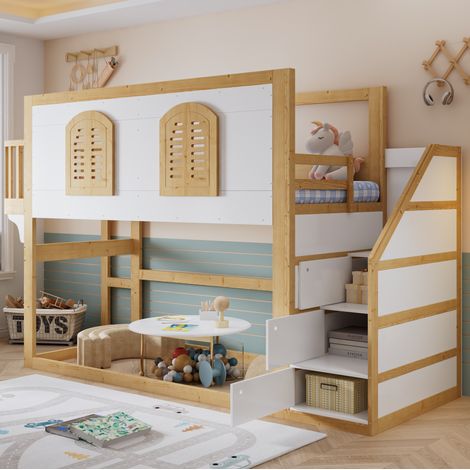 Lit mezzanine enfant  90 x 200 cm en bois avec escalier rangement et espace de jeu (1/5)