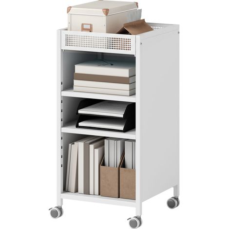 Bibliothèque mobile 3 niveaux réglables avec panier supérieur, chariot à roulettes blanc