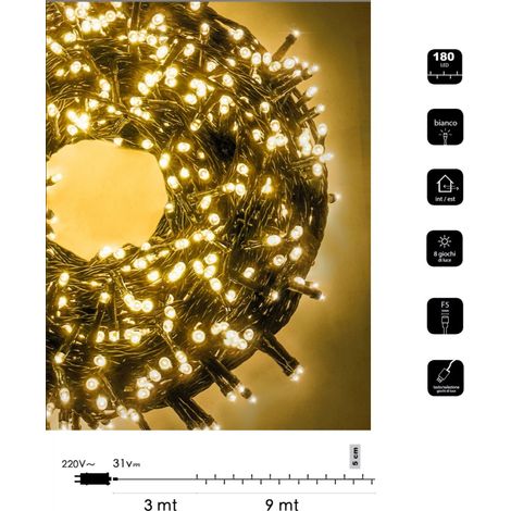 Catena di luci Natale 180 led serie luminosa natalizie cavo verde per esterno interno albero feste decorativa Calda