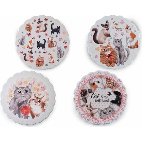 Dessous de plat de cuisine en céramique à décor chats sur base en liège, en boîte, lot de 4, diam. 17,5 cm