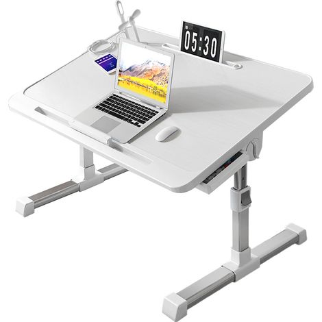 Table de lit pour ordinateur portable avec pieds pliables, plateau rotatif en alliage d'aluminium, bureau portable pour écrire, travailler, lire, manger, blanc chaud (1/5)