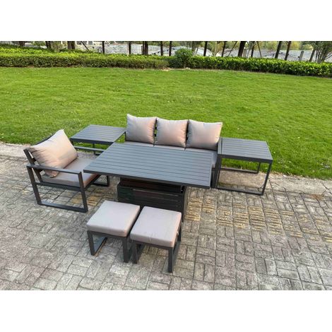 Fimous Aluminum Outdoor Dining Set Patio Dining Furniture Set Includes Adjustable Rising Lifting Dining Table Chairs with 2 Small Footstools 2 Side Tables (1/5)