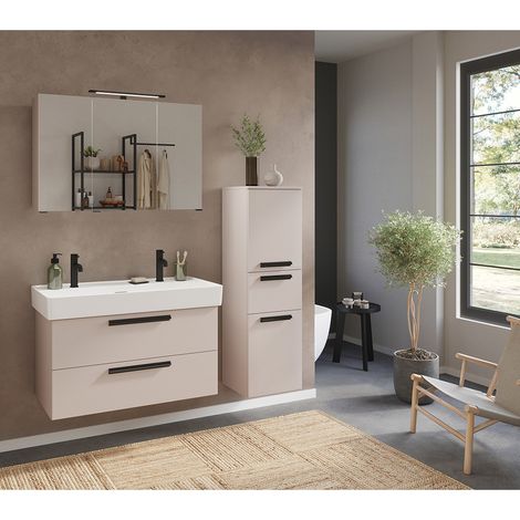 Badmöbel Set 3-teilig Waschtisch für 2 Armaturen, Spiegelschrank und Midischrank, in kaschmir - ATELLA-03 (1/5)
