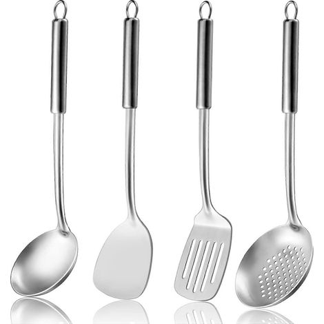 Ensemble de 4 ustensiles de cuisine en acier inoxydable : spatule à wok, spatule ajourée, louche et cuillère ajourée. (1/5)