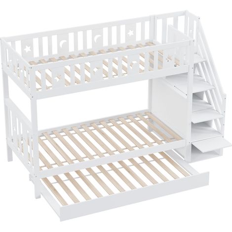 Cama litera infantil 90 x 200 cm con cama nido, escalera con almacenaje, somier, blanca (1/5)