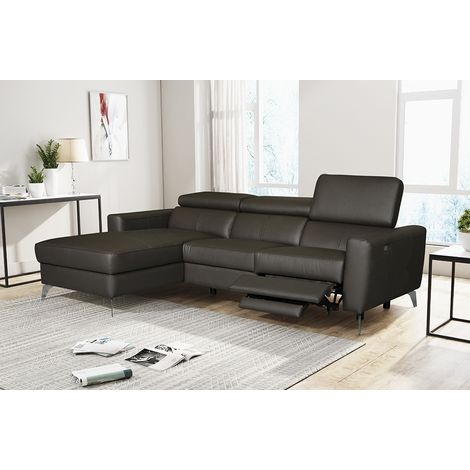 - Canapé d'angle en cuir italien de luxe 5 places BOTERO, avec relax électrique, chocolat, angle gauche (1/4)