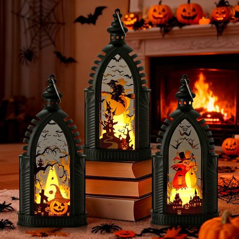 3-teiliges Halloween-Laternen-Set, LED-Halloweenlaternen, Hängende Halloween-Dekoration für drinnen und draußen, Leuchtender LED-Kürbis, Herbstliche/Halloween-Hängedekoration für drinnen, Kürbis-Teeli (1/5)