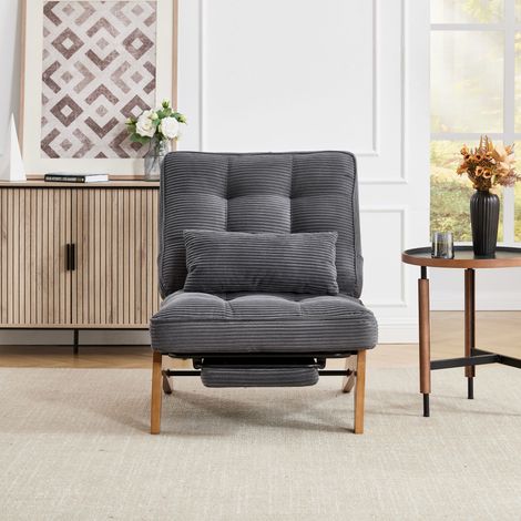 Chaise moderne réglable en tissu - avec pouf et pieds en bois - Velours côtelé - Gris (1/5)