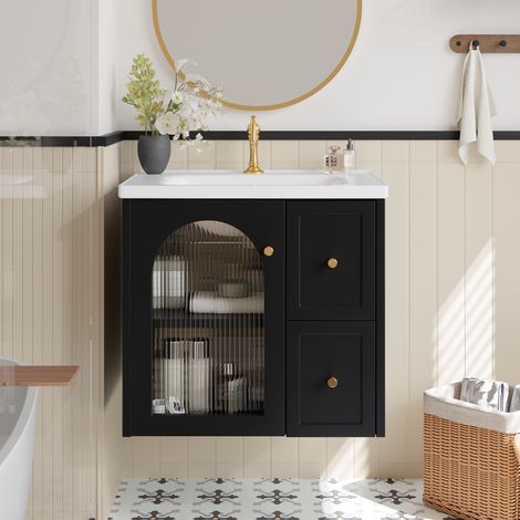 Meuble de salle de bains suspendu, équipé d'un lavabo en céramique, d'un éclairage LED, d'une porte en verre dépoli et de poignées métalliques,noir