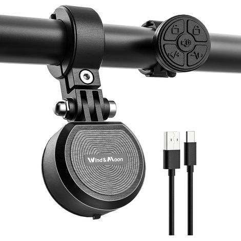 Sonnette de vélo avec alarme antivol et haut-parleur, réglage du volume de 80 à 130 dB, rechargeable par USB, étanche, pour guidons de 22 à 32 mm, pour scooters et vélos (Type C avec télécommande). (1/5)